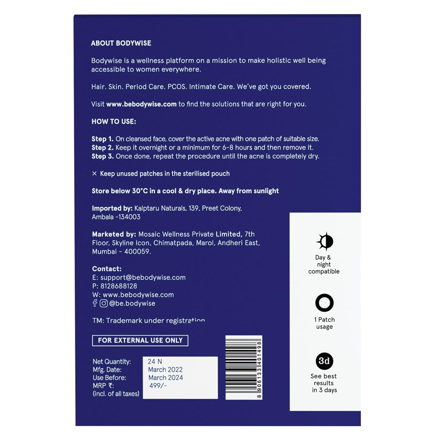 BeBodywise Hydrocolloid Acne Pimple Patch - 24 pcs