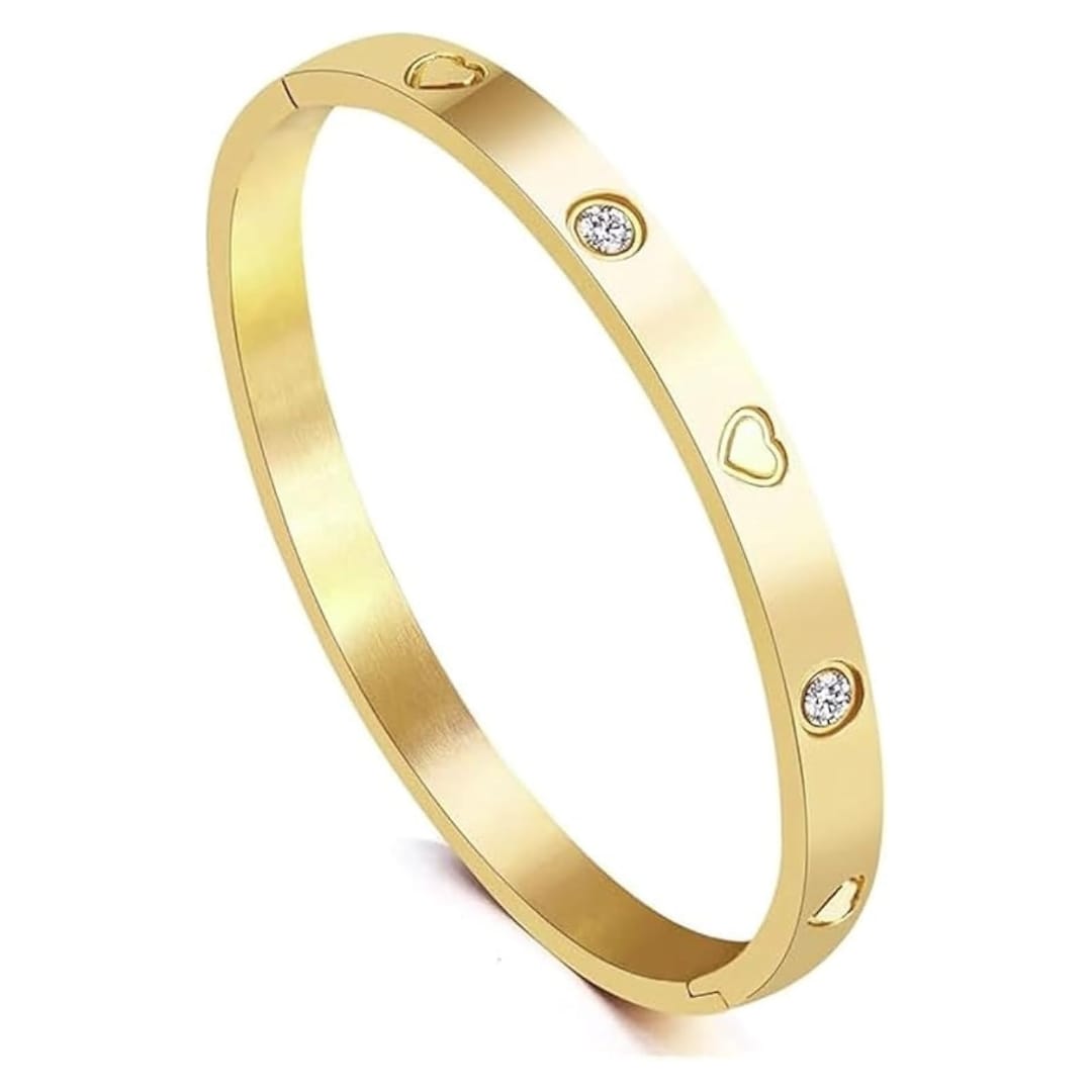 Gold Tone Heart Crystal Stainless Steel Bangle Bracelet for Women