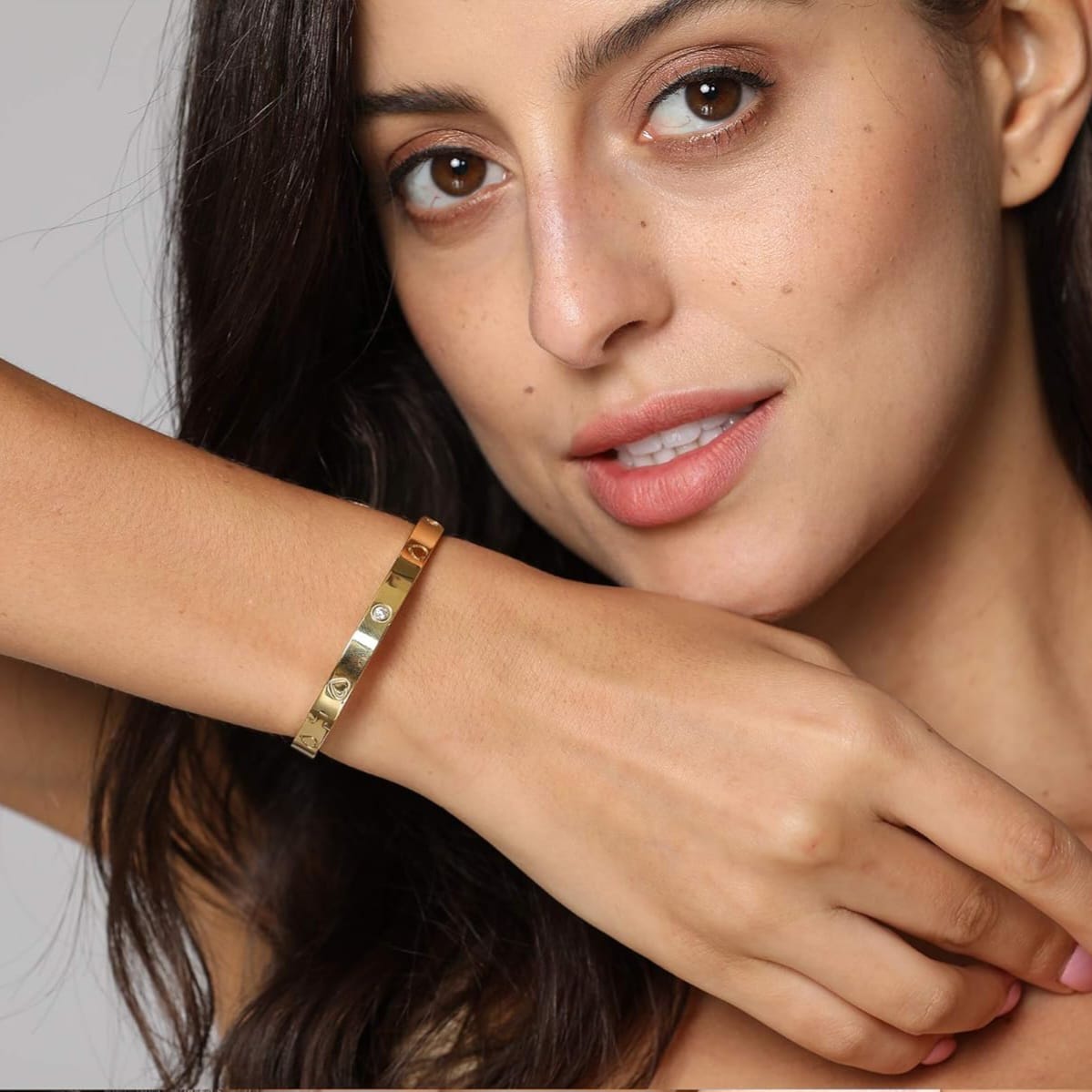 Gold Tone Heart Crystal Stainless Steel Bangle Bracelet for Women