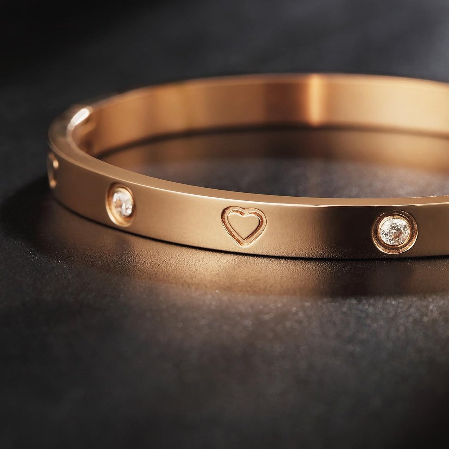 Gold Tone Heart Crystal Stainless Steel Bangle Bracelet for Women