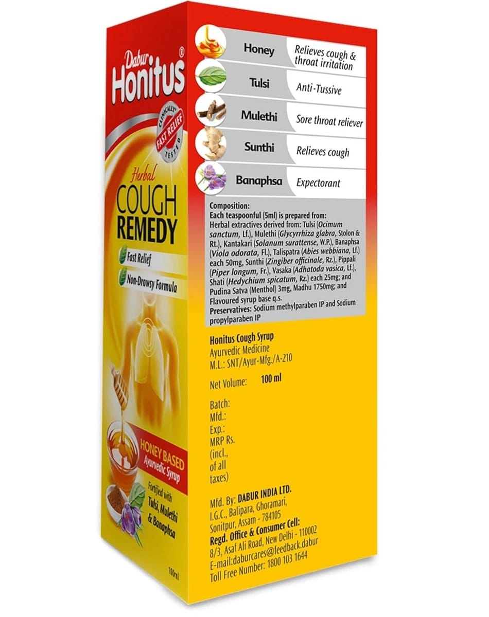 Dabur Honitus Herbal Cough Remedy Honey Based Ayurvedic Syrup 100ml