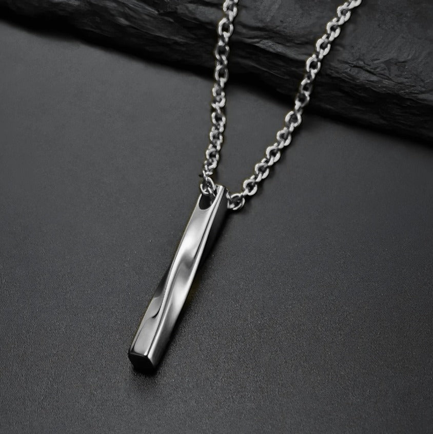 Silver Twisted Bar Pendant – Stainless Steel Chain for Men