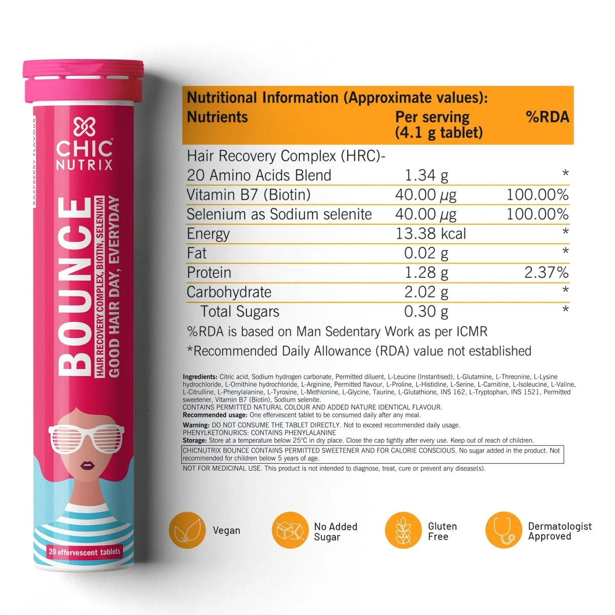 Chicnutrix Bounce Raspberry Biotin Selenium Hair Growth for Women 20 Tabs