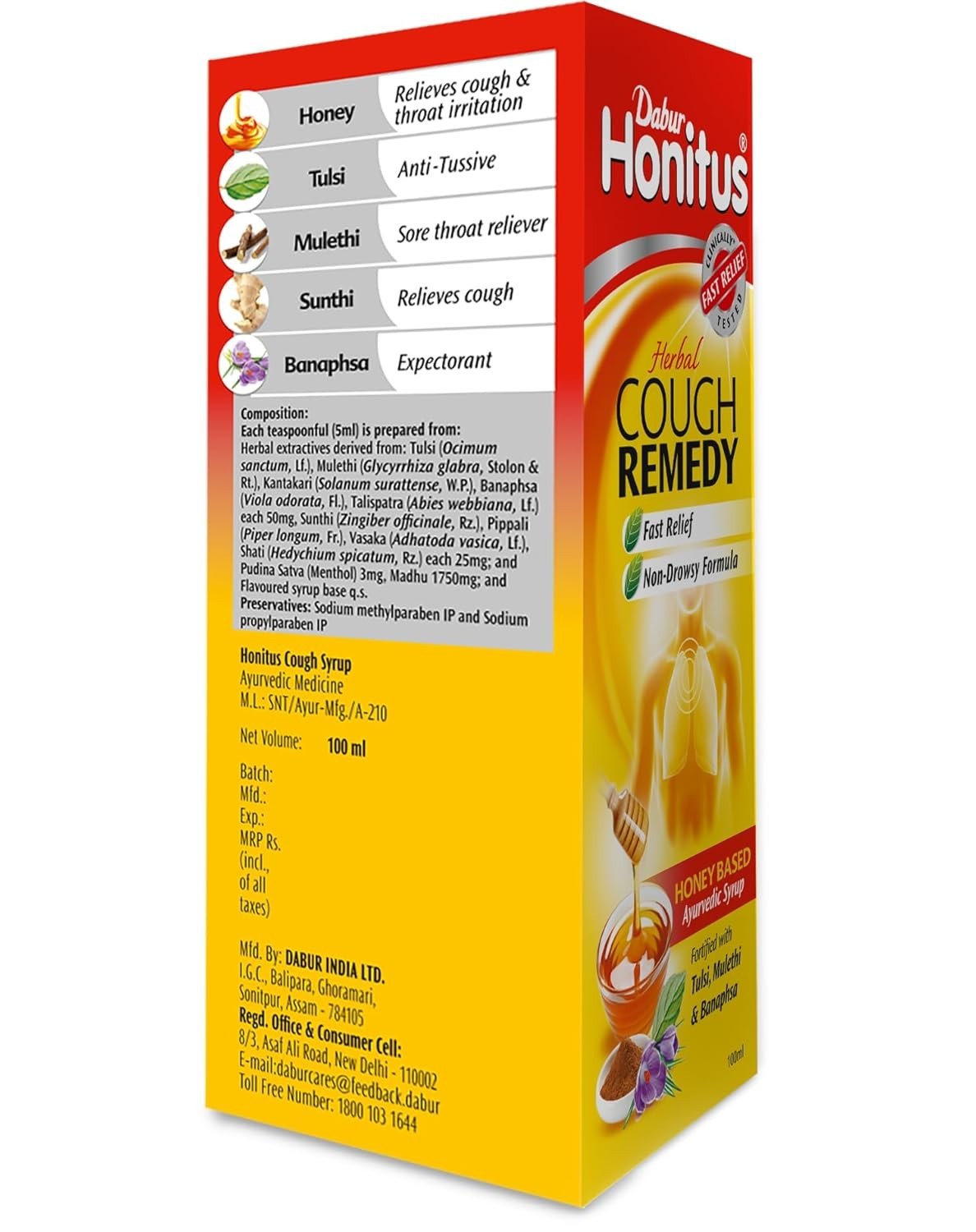 4X Dabur Honitus Herbal Syrup Honey Based Ayurvedic Syrup for Cough Remedy 100ml