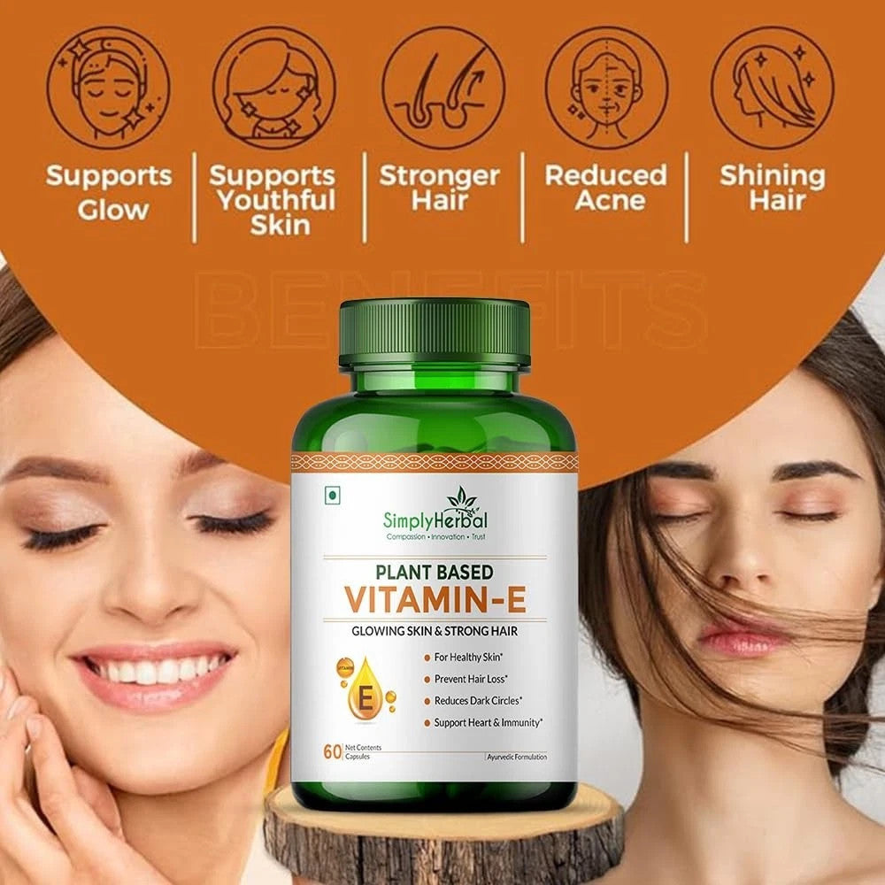Simply Herbal Vitamin E 10mg 60 Capsules Glowing Skin &amp; Hair Support- Free Ship