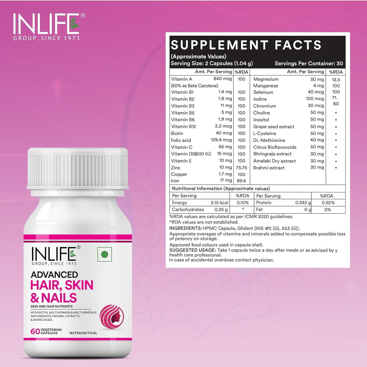 INLIFE Biotin Hair Skin Nails Supplement Multivitamin 60 Veg Capsules-Free Ship