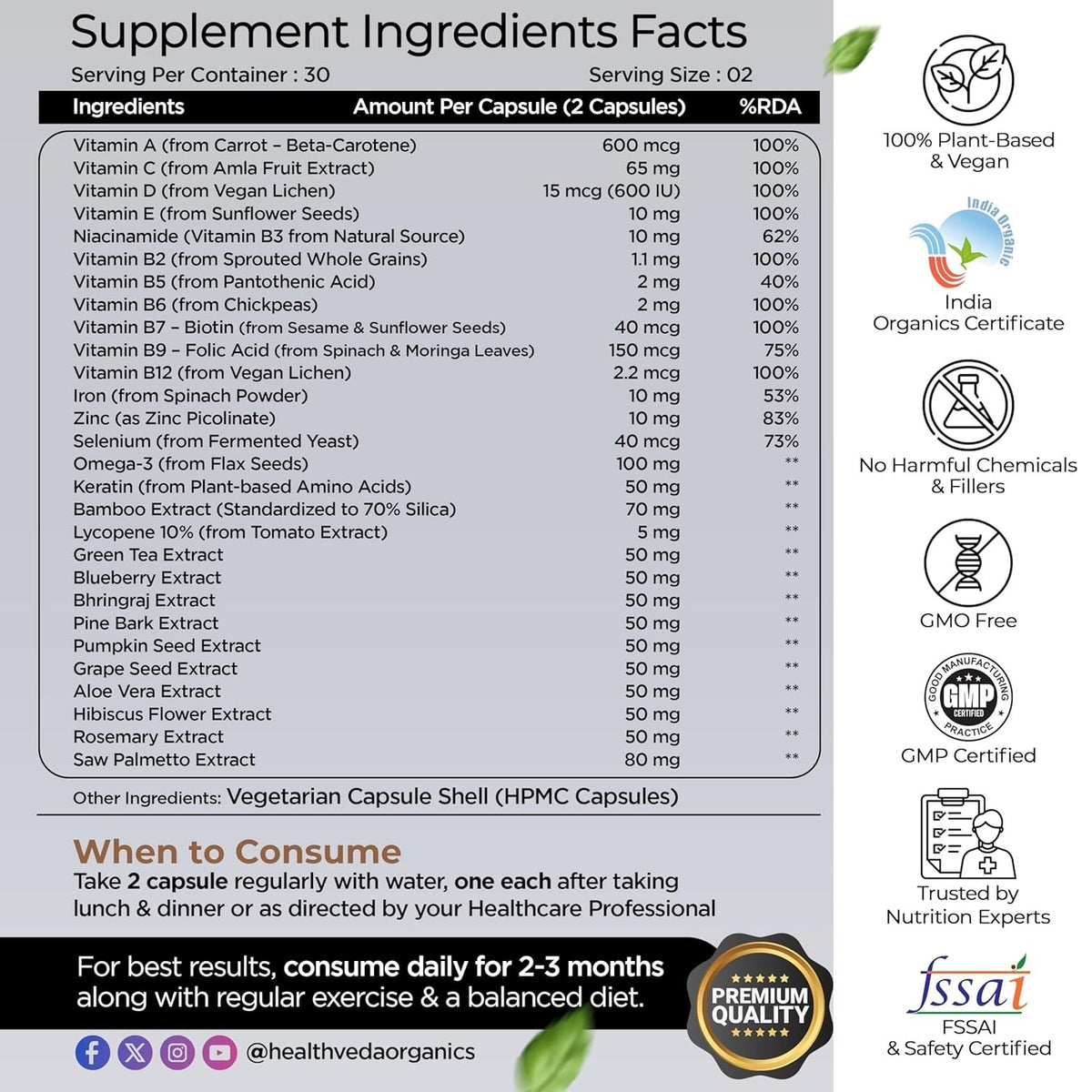 Health Veda Hair Vitamin Capsules DHT Blocker with Biotin Hair Growth 60 Veg Cap