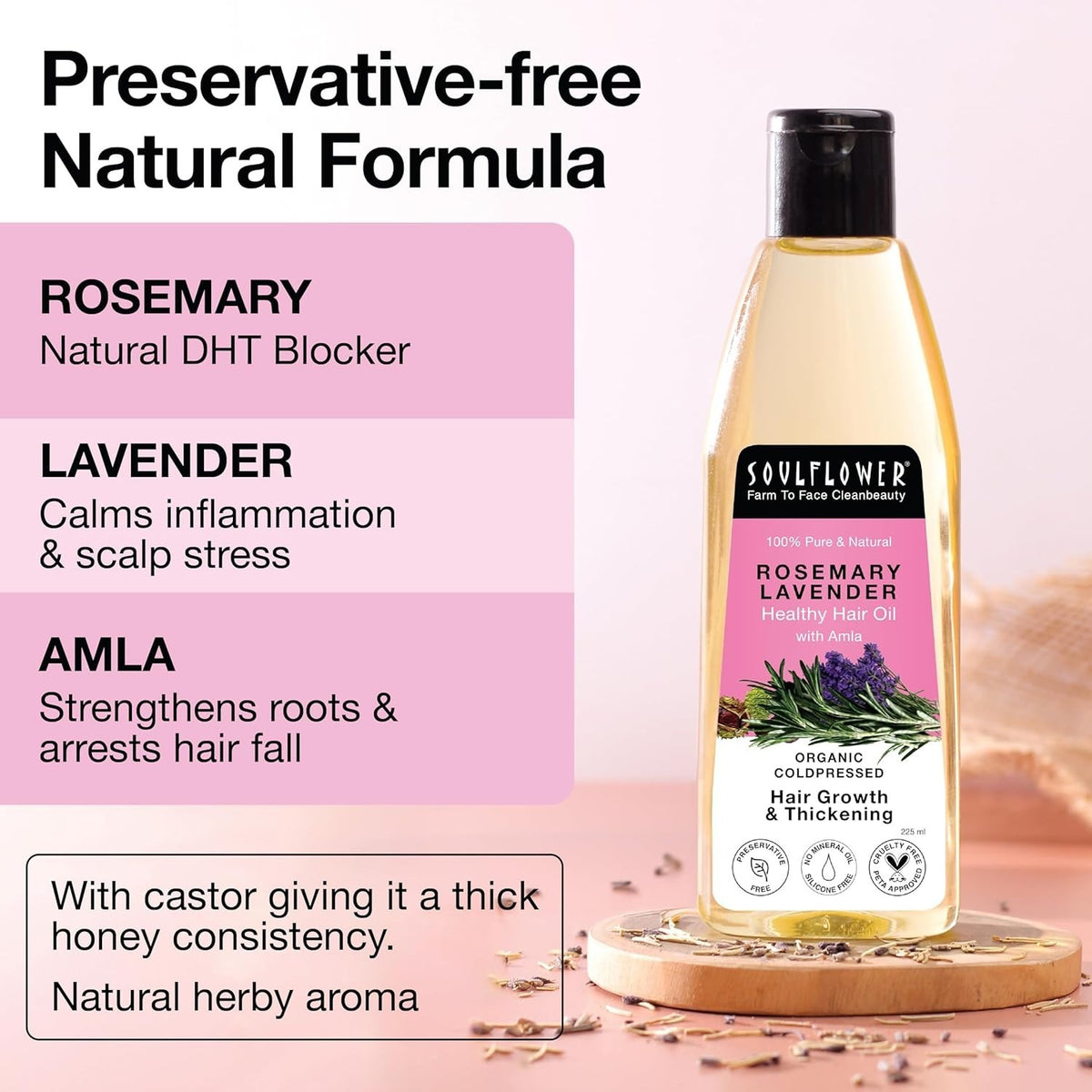 Soulflower 100%Pure Organic Natural Rosemary Lavender Healthy Hair Oil 225ml