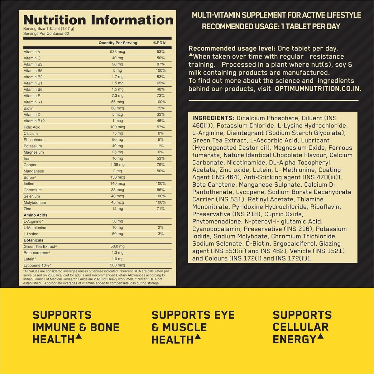 Optimum Nutrition Multivitamin for Men 60 Tablets 26 Vitamins &amp; Minerals
