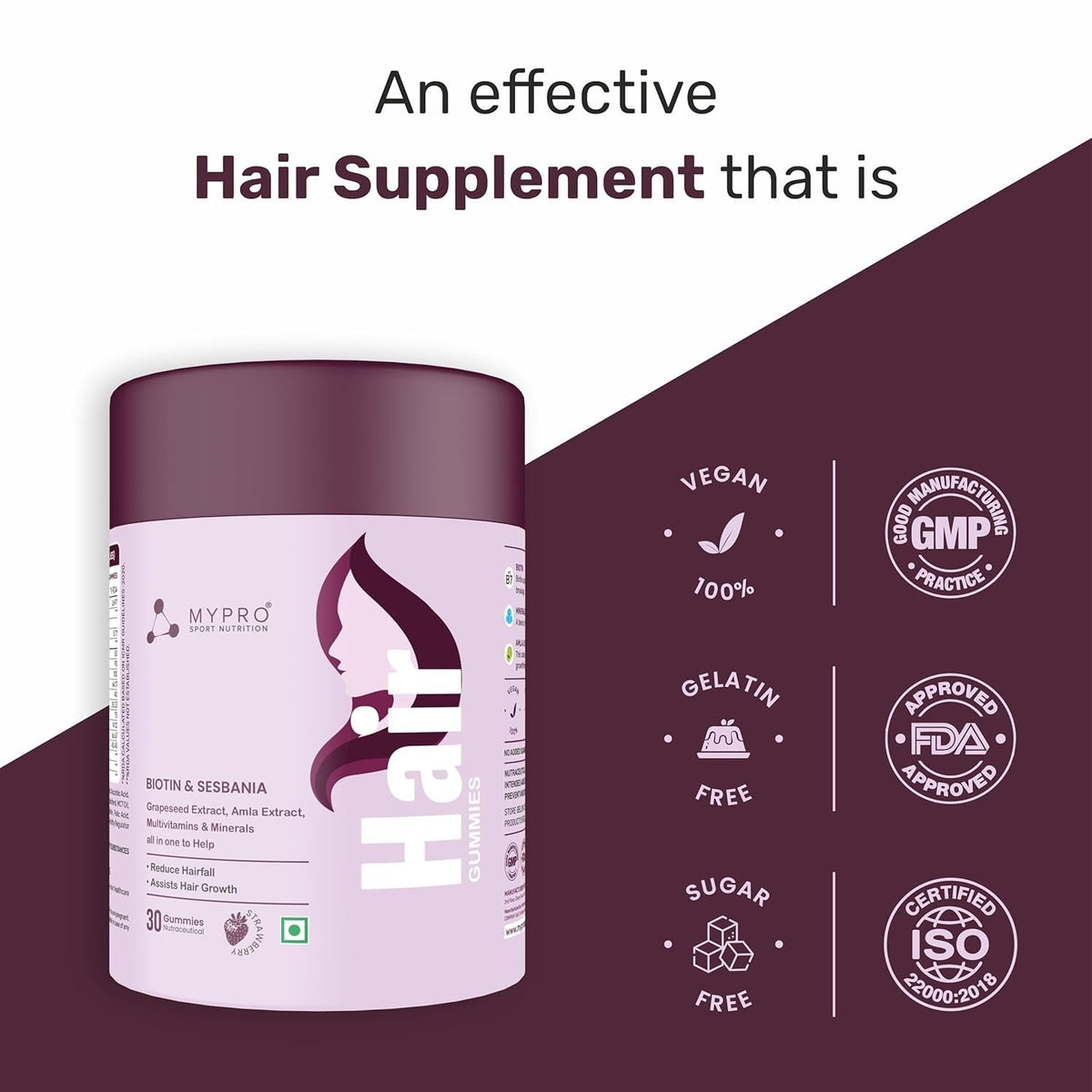 Mypro Biotin Gummies Hair Growth &amp; Strength Amla, Grapeseed 30 Ct