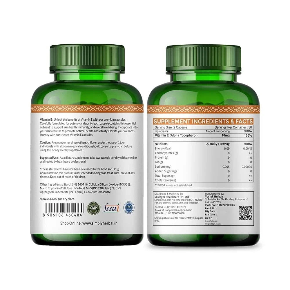 Simply Herbal Vitamin E 10mg 60 Capsules Glowing Skin &amp; Hair Support- Free Ship