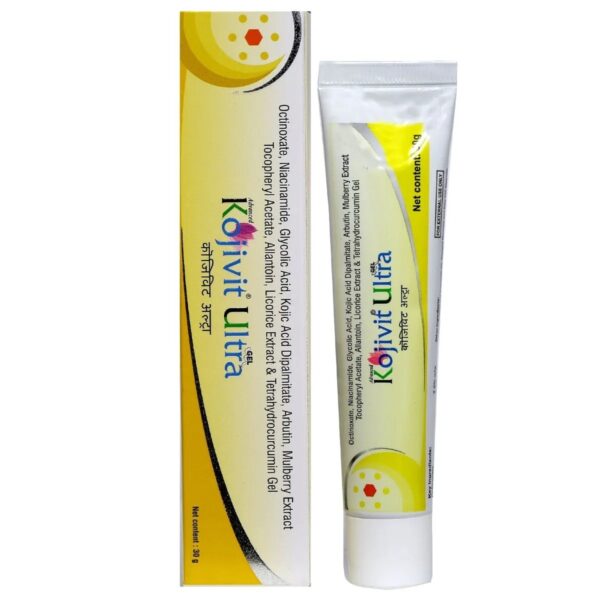 Kojivit Ultra Gel tube and box displaying detailed ingredient list and product branding