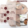 Organic Arjun ki Chaal including support for piles, teeth cleansing, pimples, chest pain, and more, with product pack and raw bark in the background