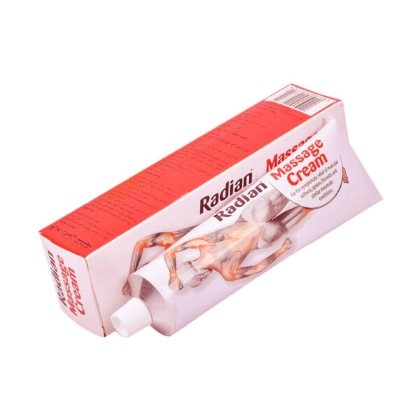 Front view of Radian Massage Cream 100g tube showing branding and label for instant pain relief
